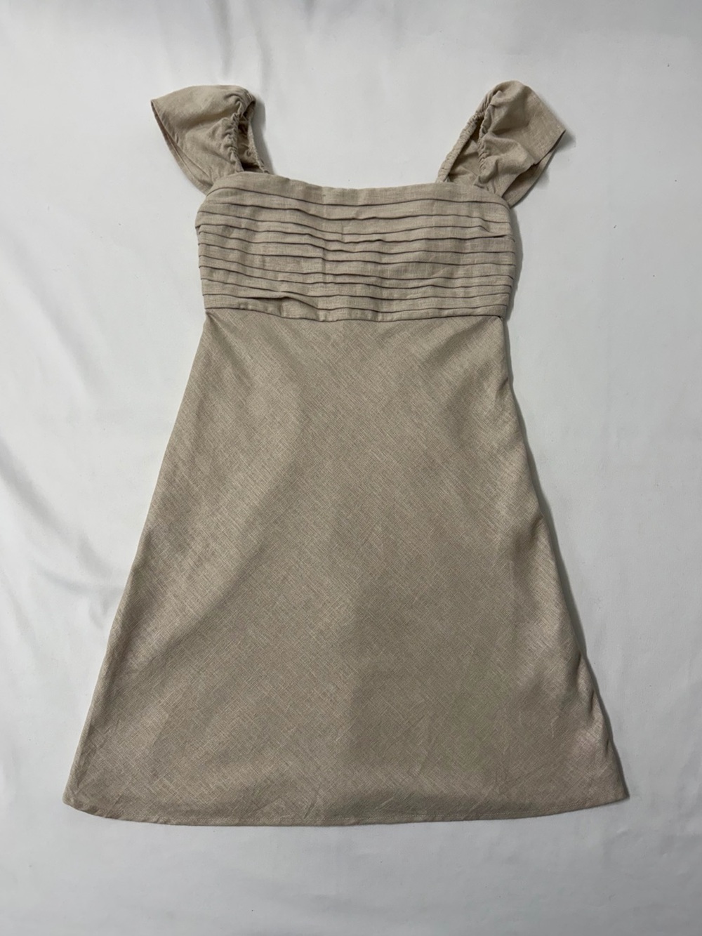 Beige Linen Blend Puff Sleeve Smocked Mini Dress | Neutral Cottagecore